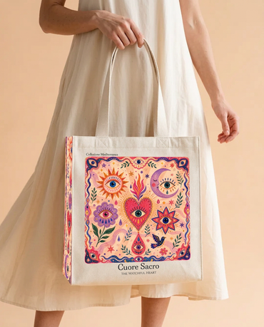 Cuore Sacro sacred heart tote bag held by model