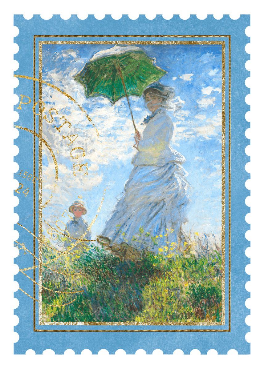 ملصق ختم "السيدة التي تمشي مع المظلة"