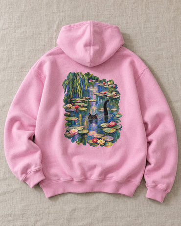 Black Cat Lily Pond Hoodie - Flat lay · front | My Turtle