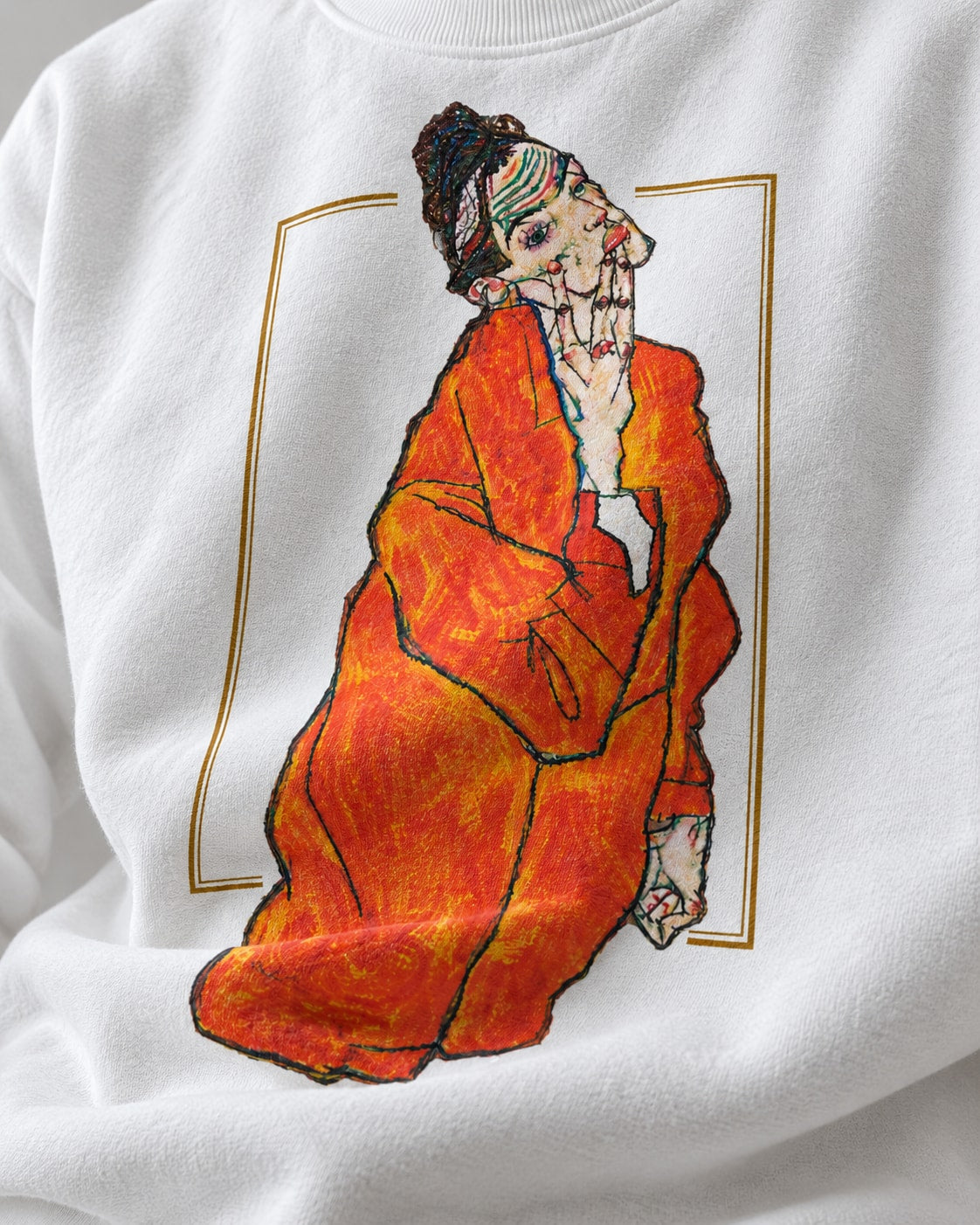 Egon Schiele Kneeling Female Sweatshirt - Print close-up · front | My Turtle