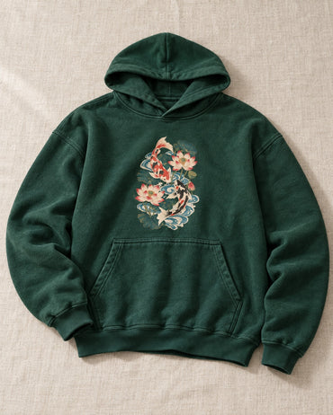 Koi and Lotus Flowers Hoodie - Flat lay · front | My Turtle