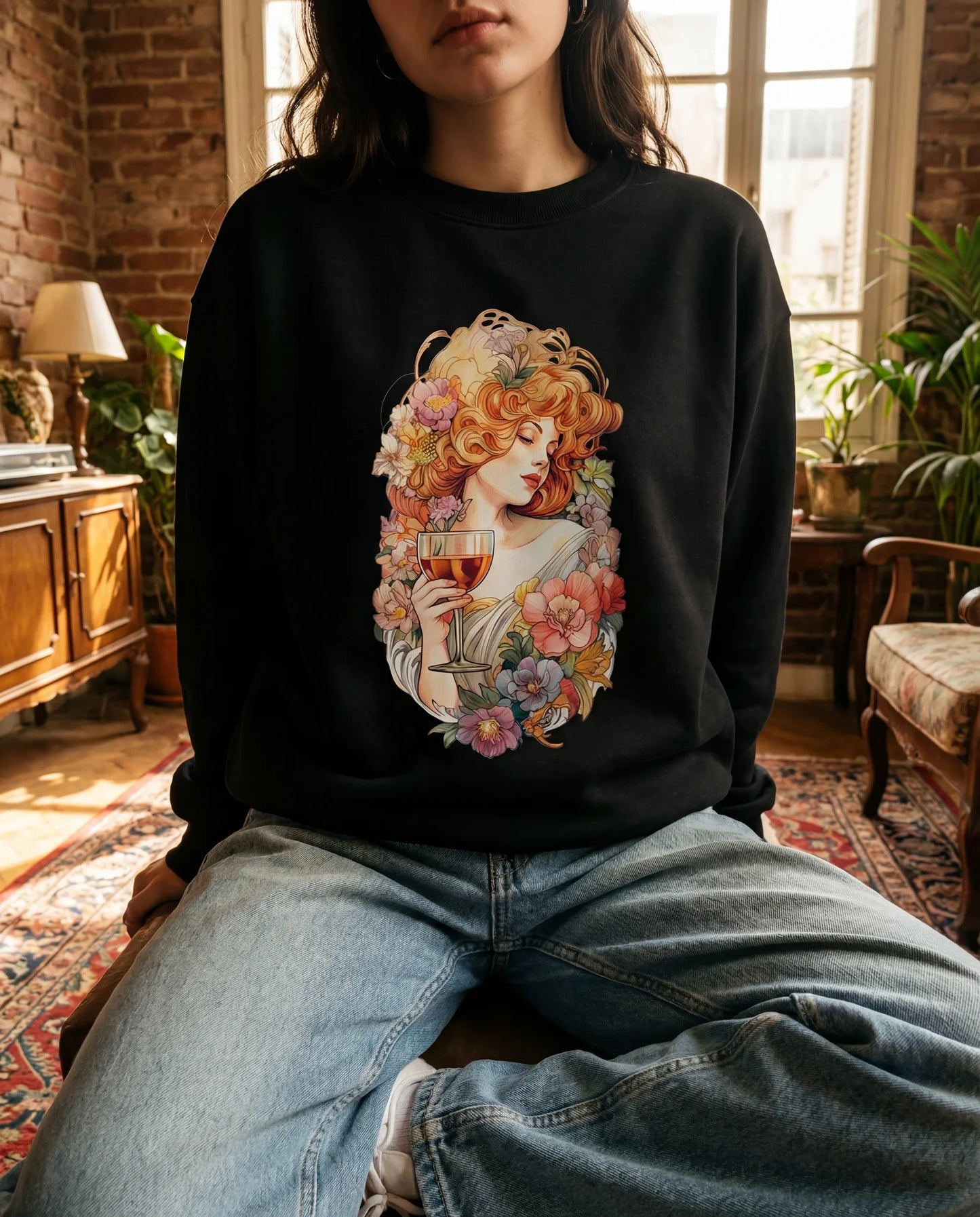 Floral Portrait Crewneck - Alphonse Mucha - Sweatshirt | My Turtle