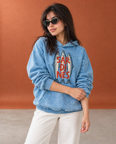 Three Sardines Typography Hoodie - Front Print Model Shot | My Turtle