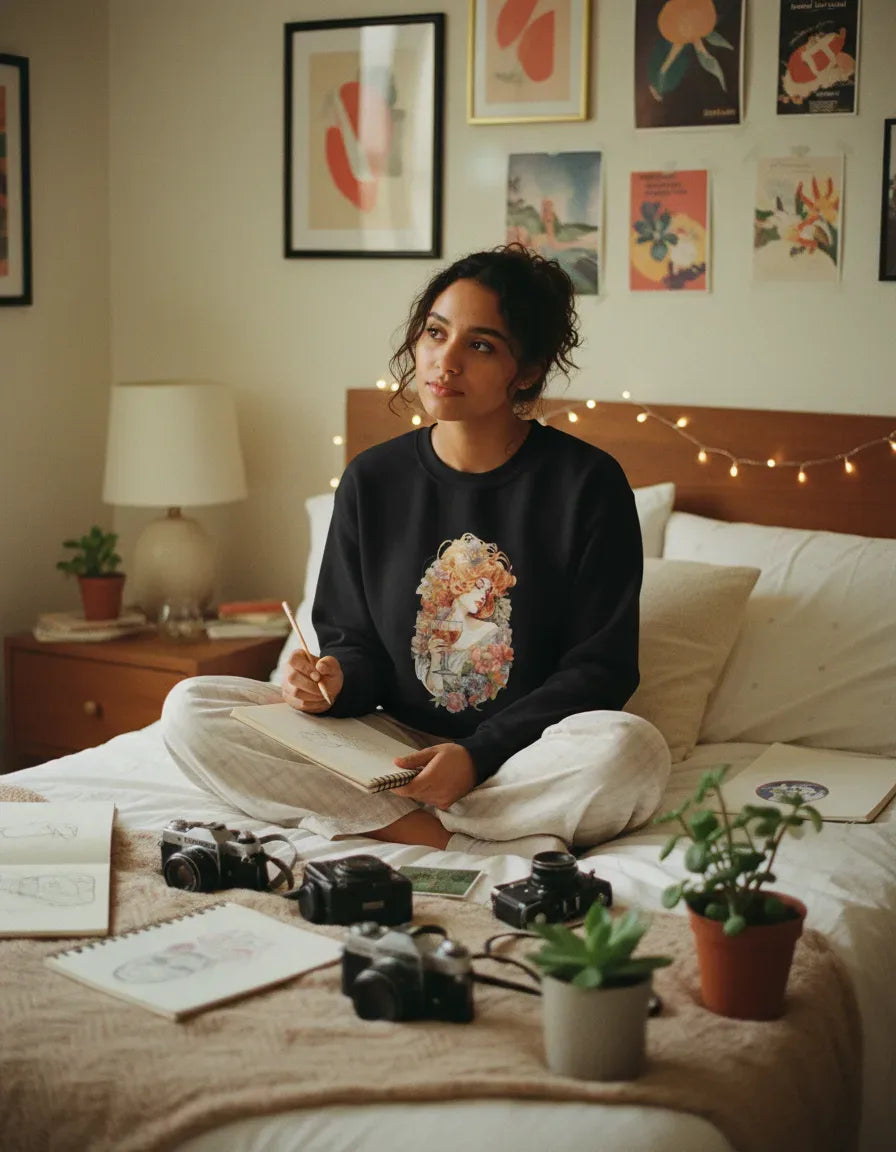 Floral Portrait Crewneck - Alphonse Mucha - Image 2