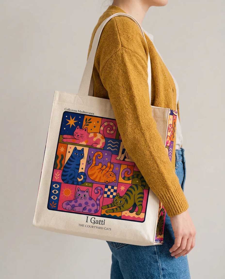 I Gatti cats tote bag carried on shoulder with mustard cardigan