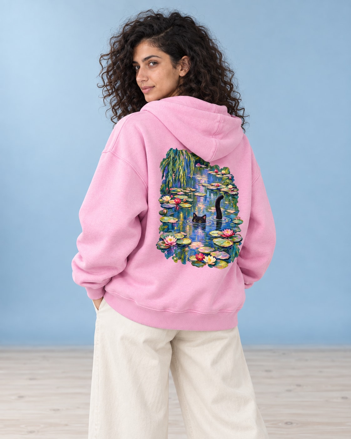 Black Cat Lily Pond Hoodie - Back Print Model Shot | My Turtle