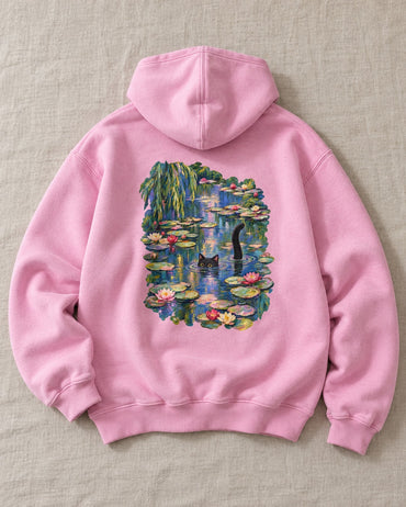 Black Cat Lily Pond Hoodie - Flat lay · front | My Turtle