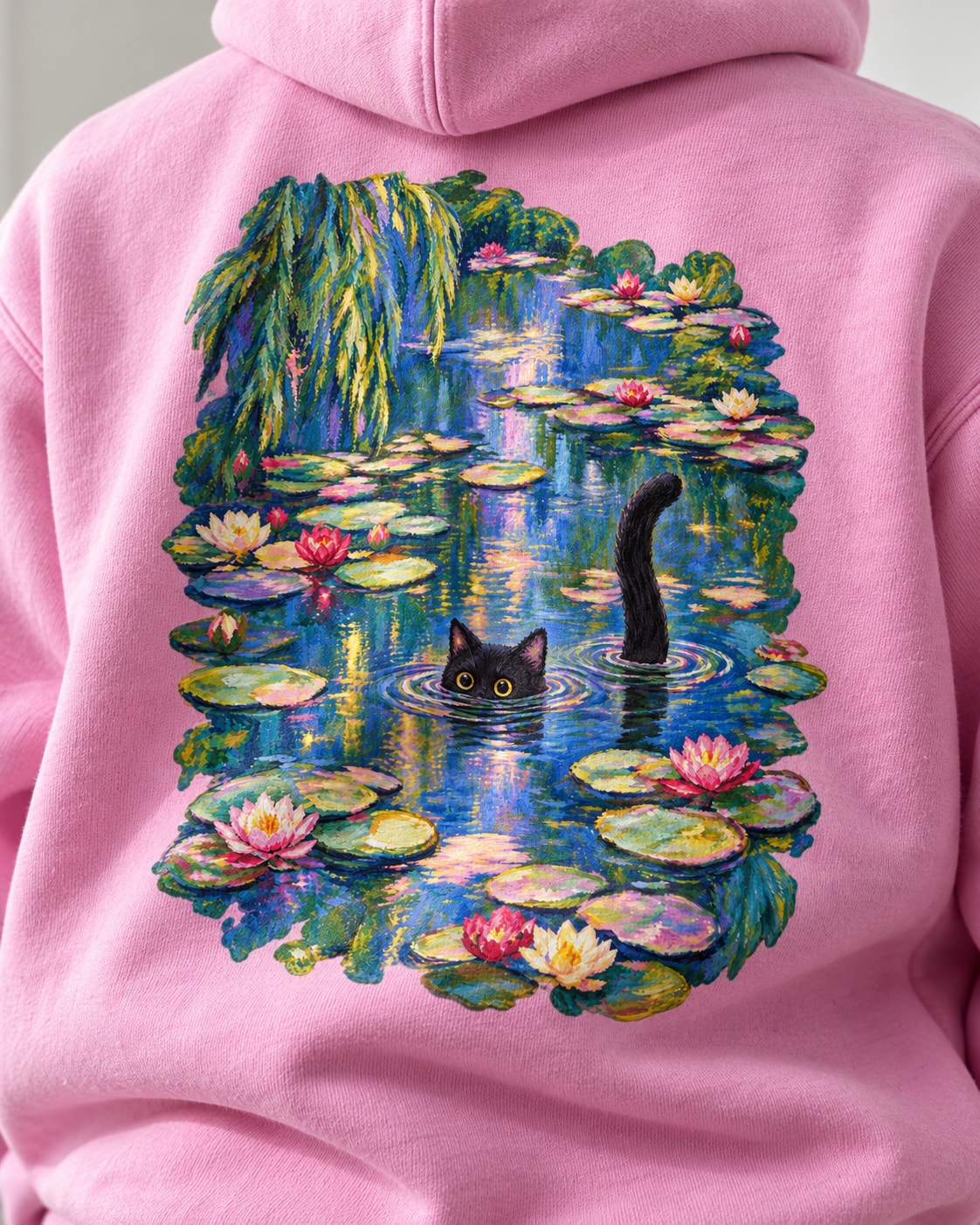 Black Cat Lily Pond Hoodie - Print close-up · front | My Turtle