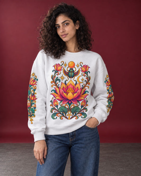 Celestial Lotus Scarab Sweatshirt - Front Print Model Shot | My Turtle