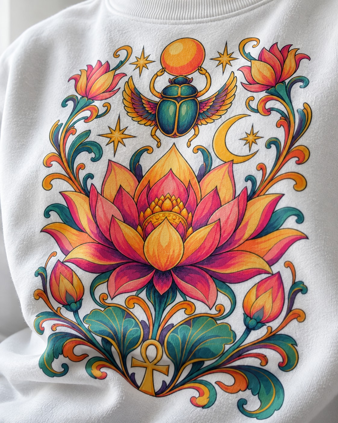 Celestial Lotus Scarab Sweatshirt - Print close-up · front | My Turtle