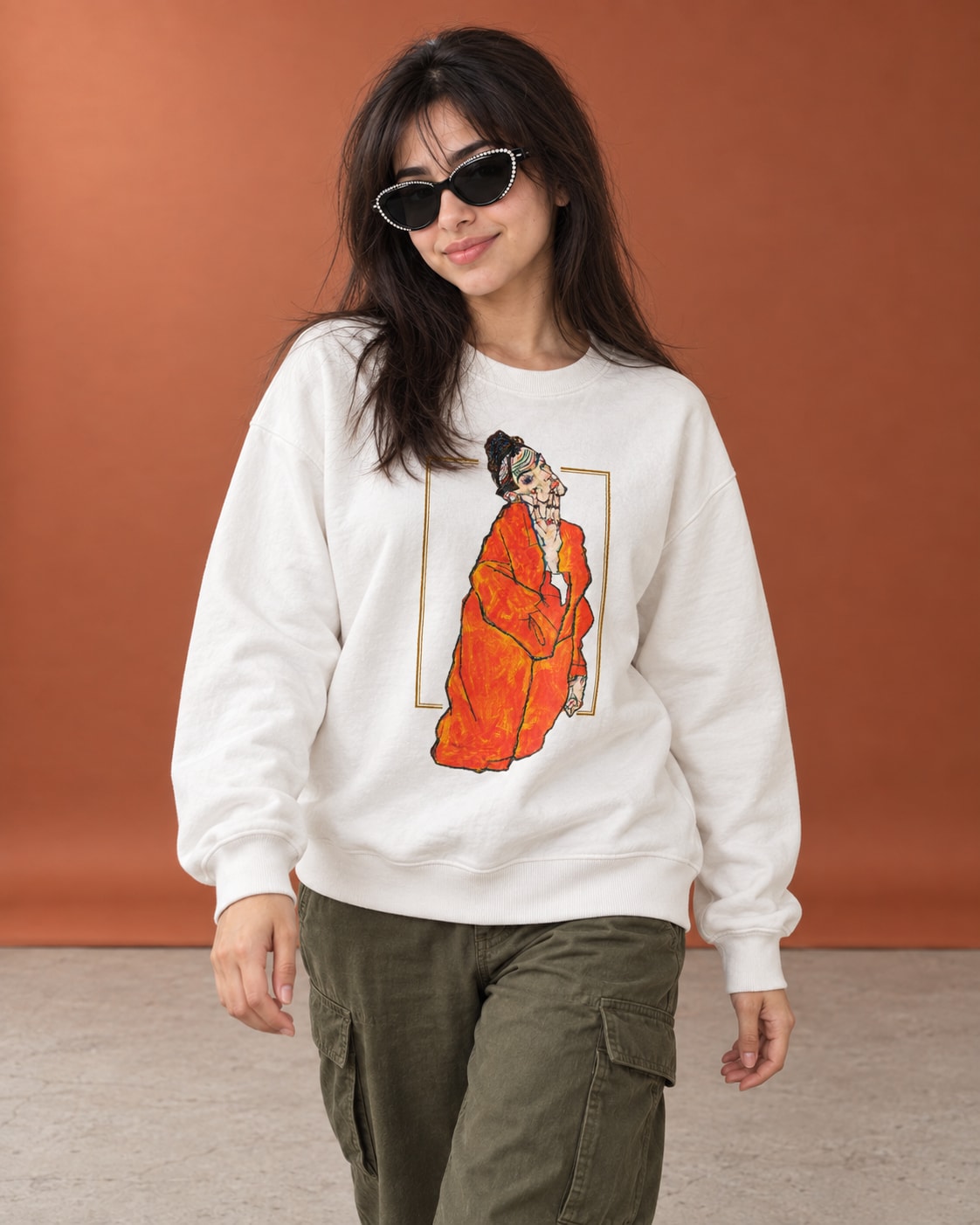 Egon Schiele Kneeling Female Sweatshirt - Front Print Model Shot | My Turtle