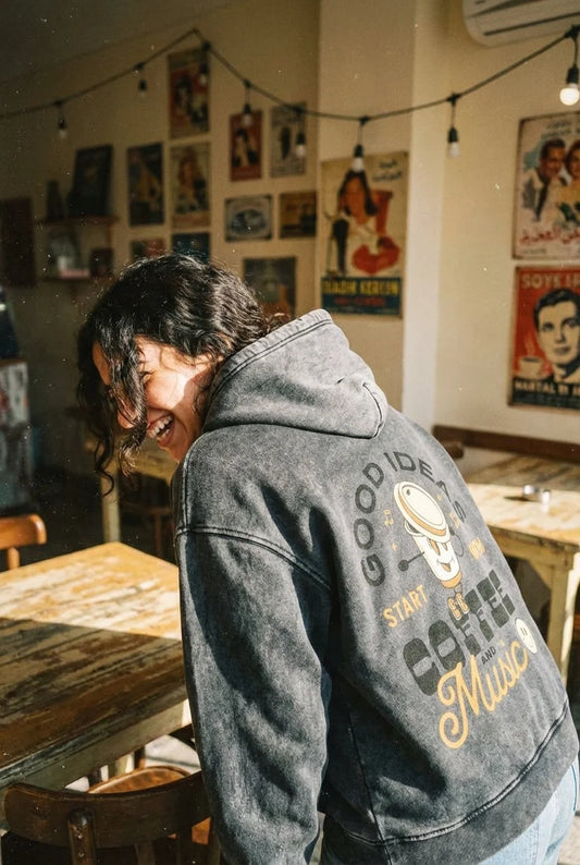 Good Ideas Start with Coffee & Music Hoodie Premium Quality
