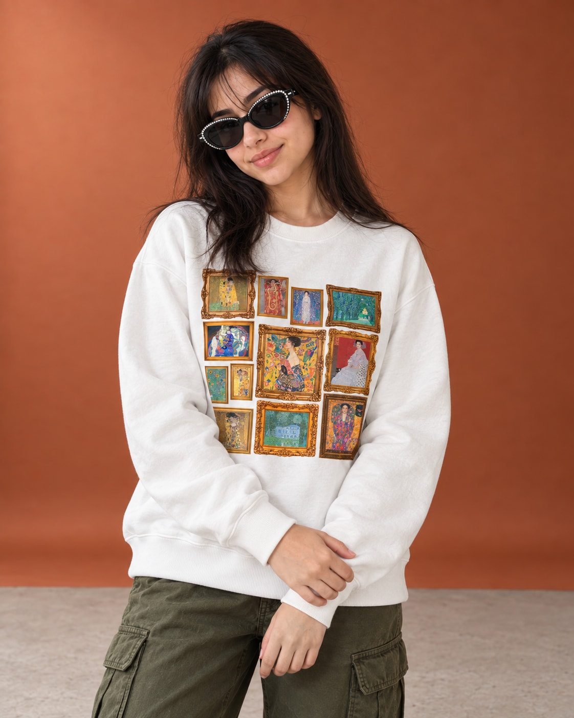Gustav Klimt Gallery Collage Sweatshirt - Front Print Model Shot | My Turtle