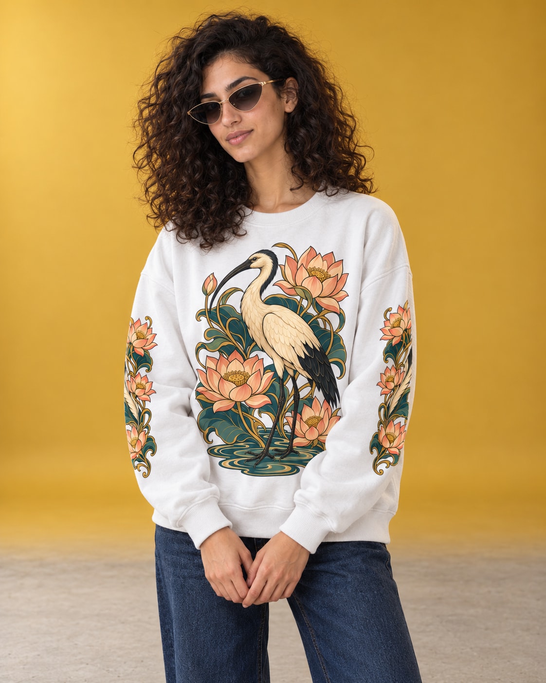 Ibis Among Lotuses Sweatshirt - Front Print Model Shot | My Turtle