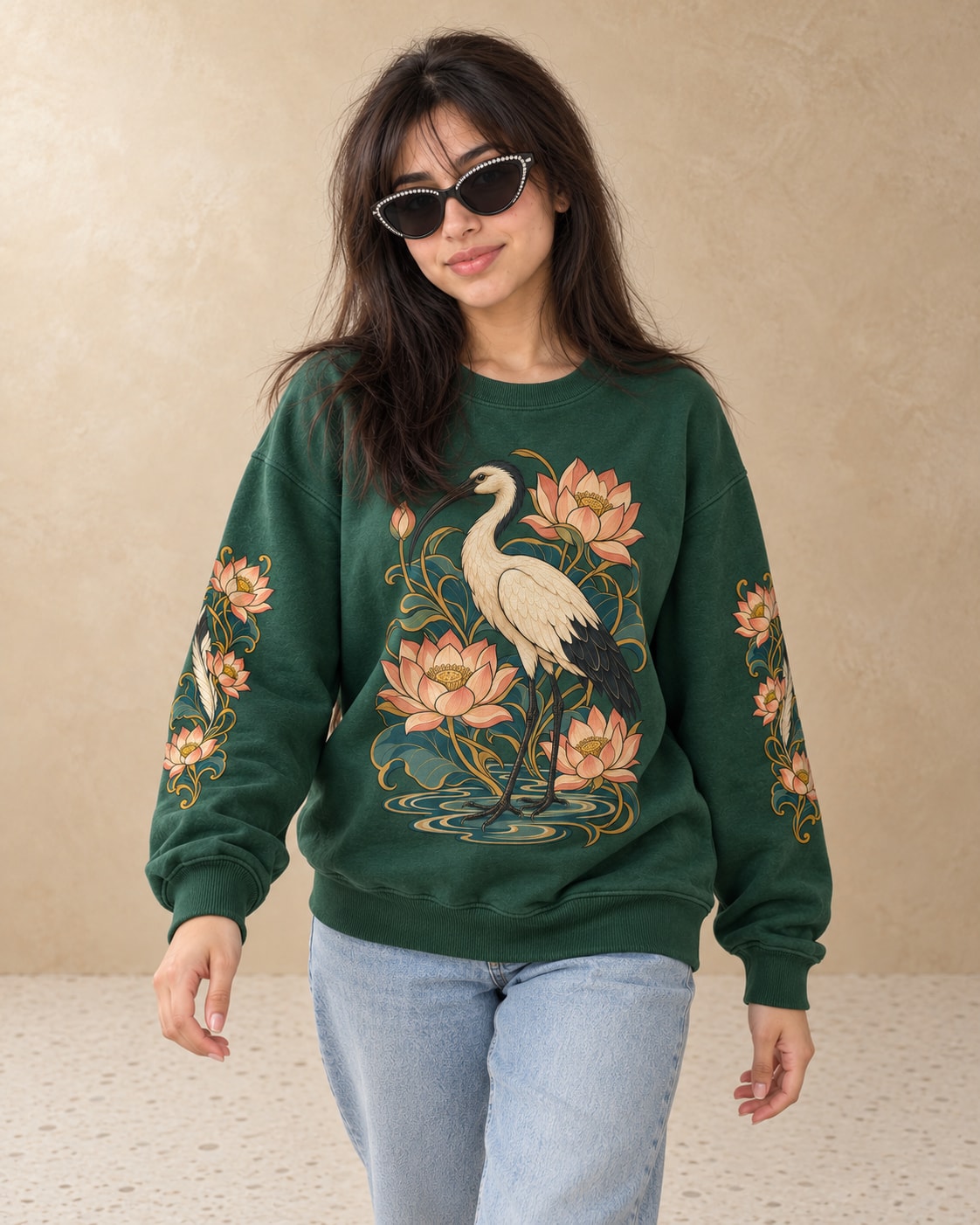Ibis Among Lotuses Sweatshirt - Front Print Model Shot | My Turtle
