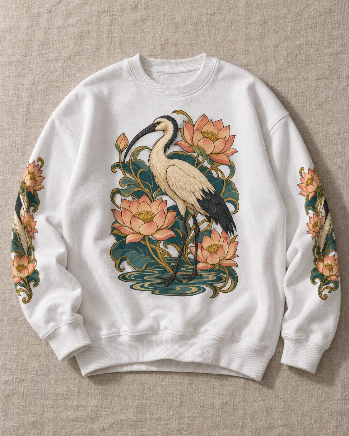 Ibis Among Lotuses Sweatshirt - Flat Lay | My Turtle