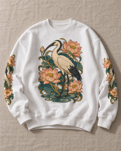 Ibis Among Lotuses Sweatshirt - Flat Lay | My Turtle