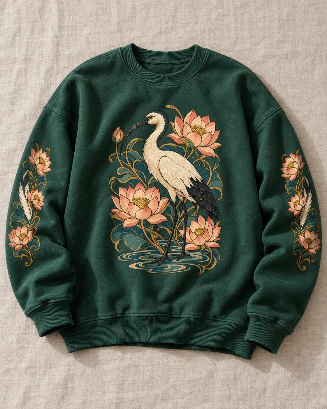Ibis Among Lotuses Sweatshirt - Flat Lay | My Turtle