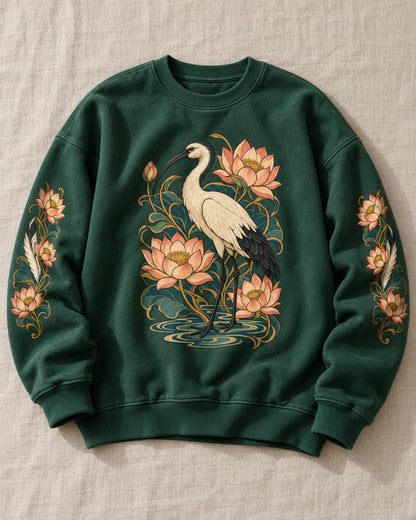 Ibis Among Lotuses Sweatshirt - Flat Lay | My Turtle