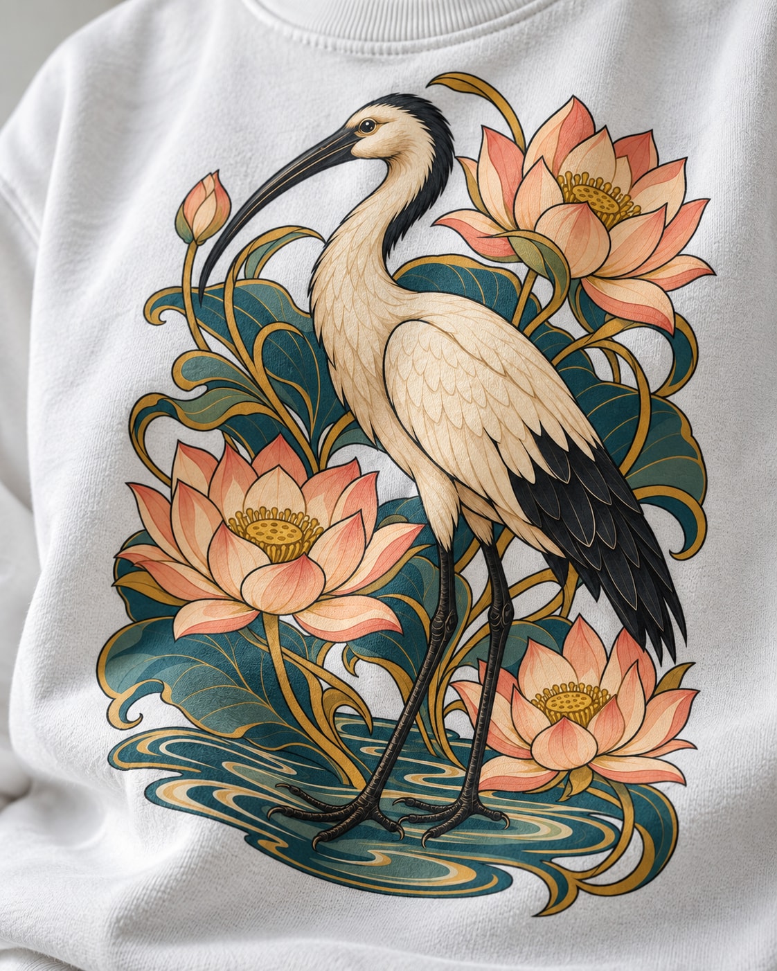 Ibis Among Lotuses Sweatshirt - Print Close-Up | My Turtle