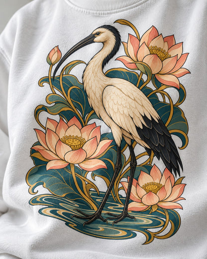 Ibis Among Lotuses Sweatshirt - Print Close-Up | My Turtle