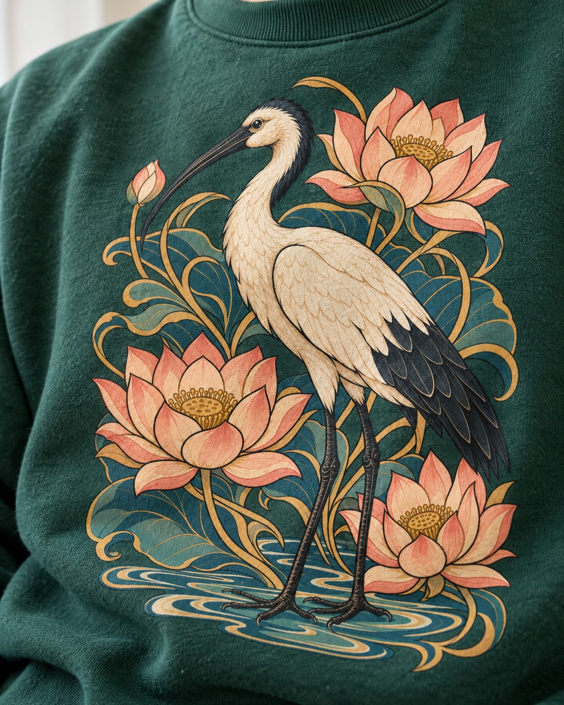Ibis Among Lotuses Sweatshirt - Print Close-Up | My Turtle
