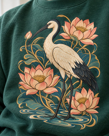 Ibis Among Lotuses Sweatshirt - Print Close-Up | My Turtle