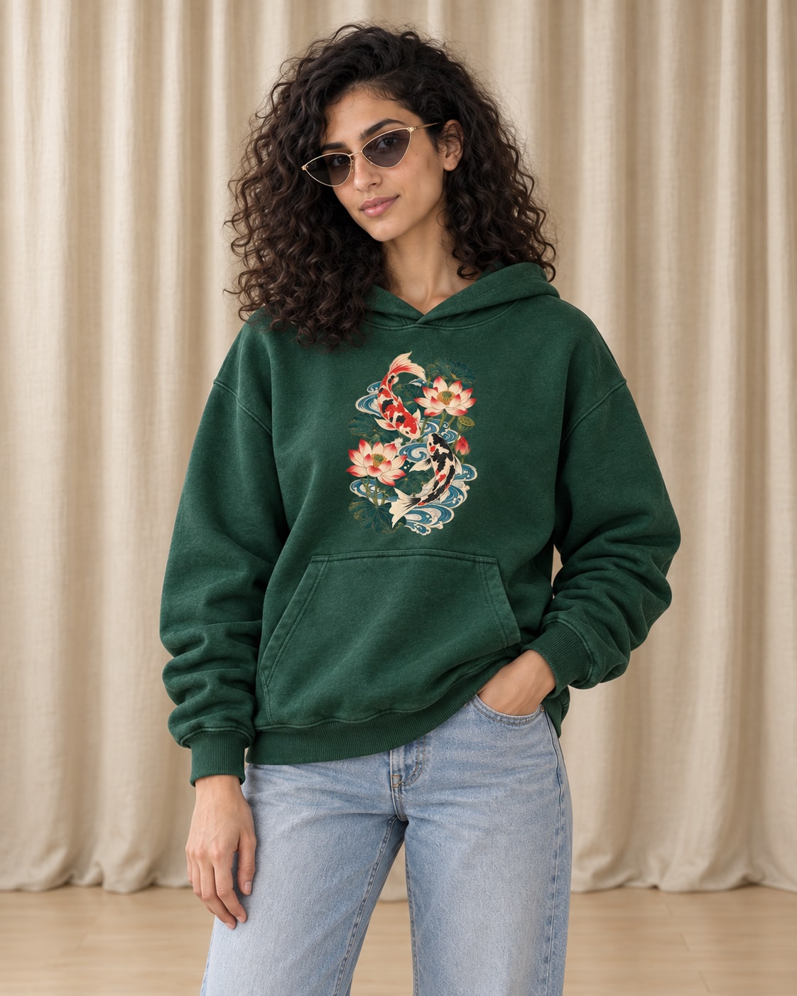Koi and Lotus Flowers Hoodie - Front Print Model Shot | My Turtle
