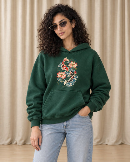Koi and Lotus Flowers Hoodie - Front Print Model Shot | My Turtle