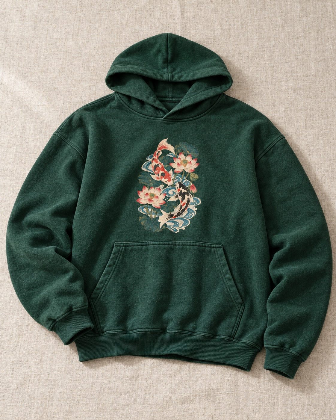 Koi and Lotus Flowers Hoodie - Flat lay · front | My Turtle