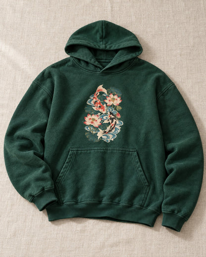 Koi and Lotus Flowers Hoodie - Flat lay · front | My Turtle