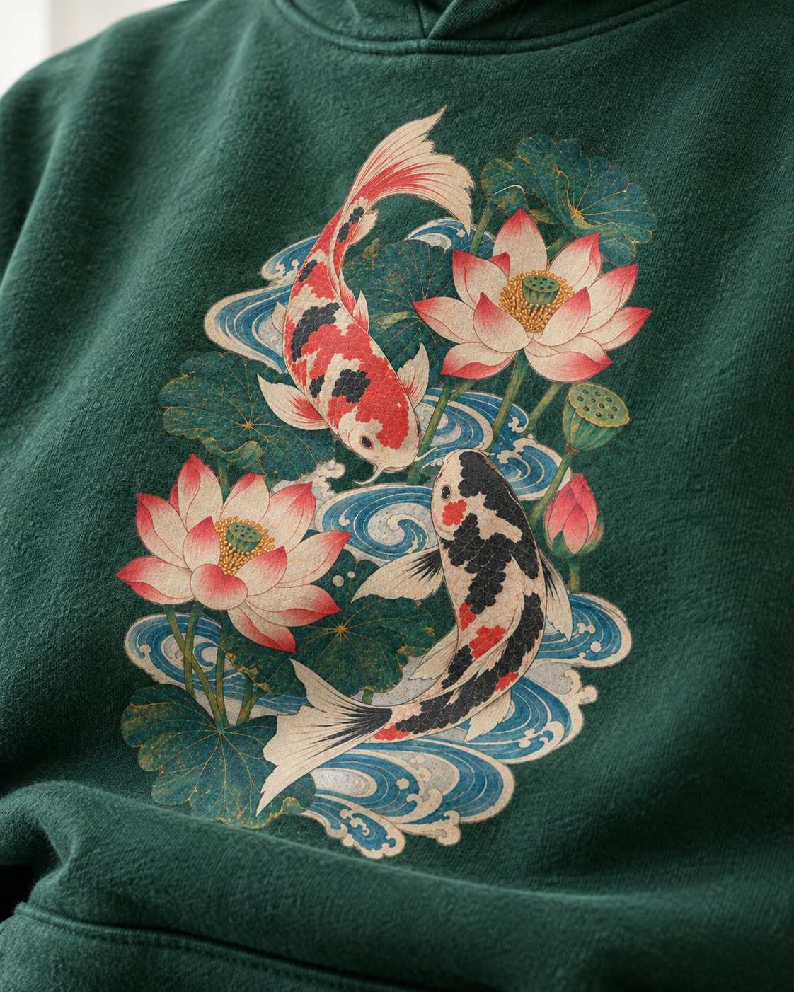 Koi and Lotus Flowers Hoodie - Print close-up · front | My Turtle