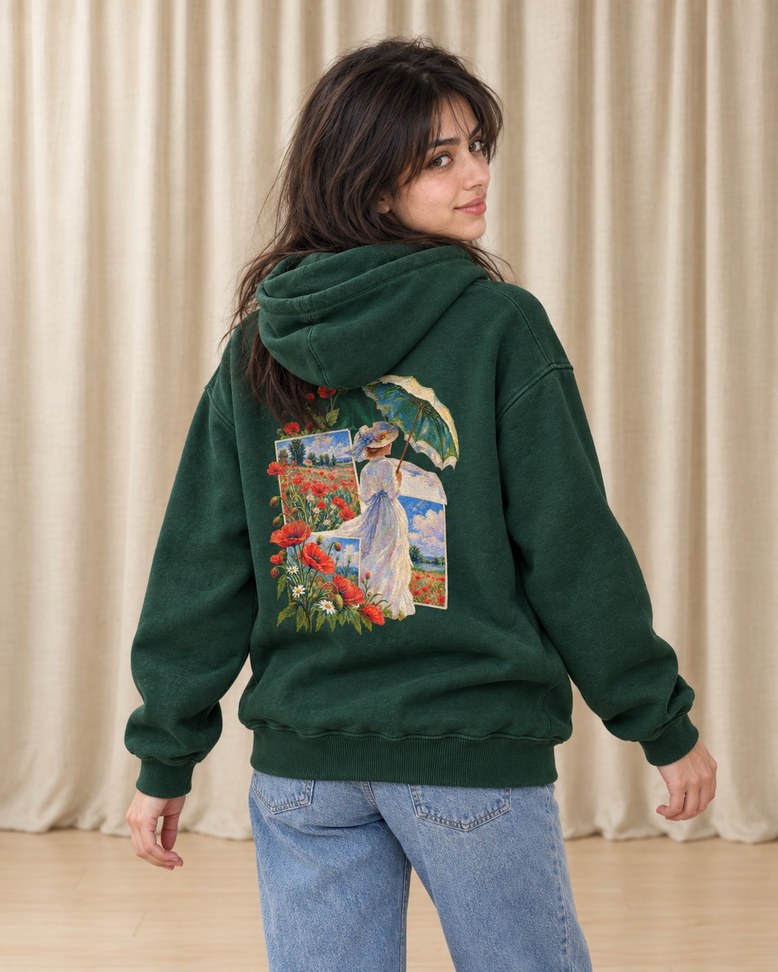 Monet Parasol and Poppies Hoodie - Back Print Model Shot | My Turtle