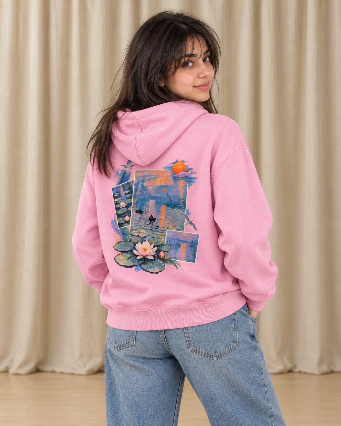 Monet Water Lily Collage Hoodie - Back Print Model Shot | My Turtle