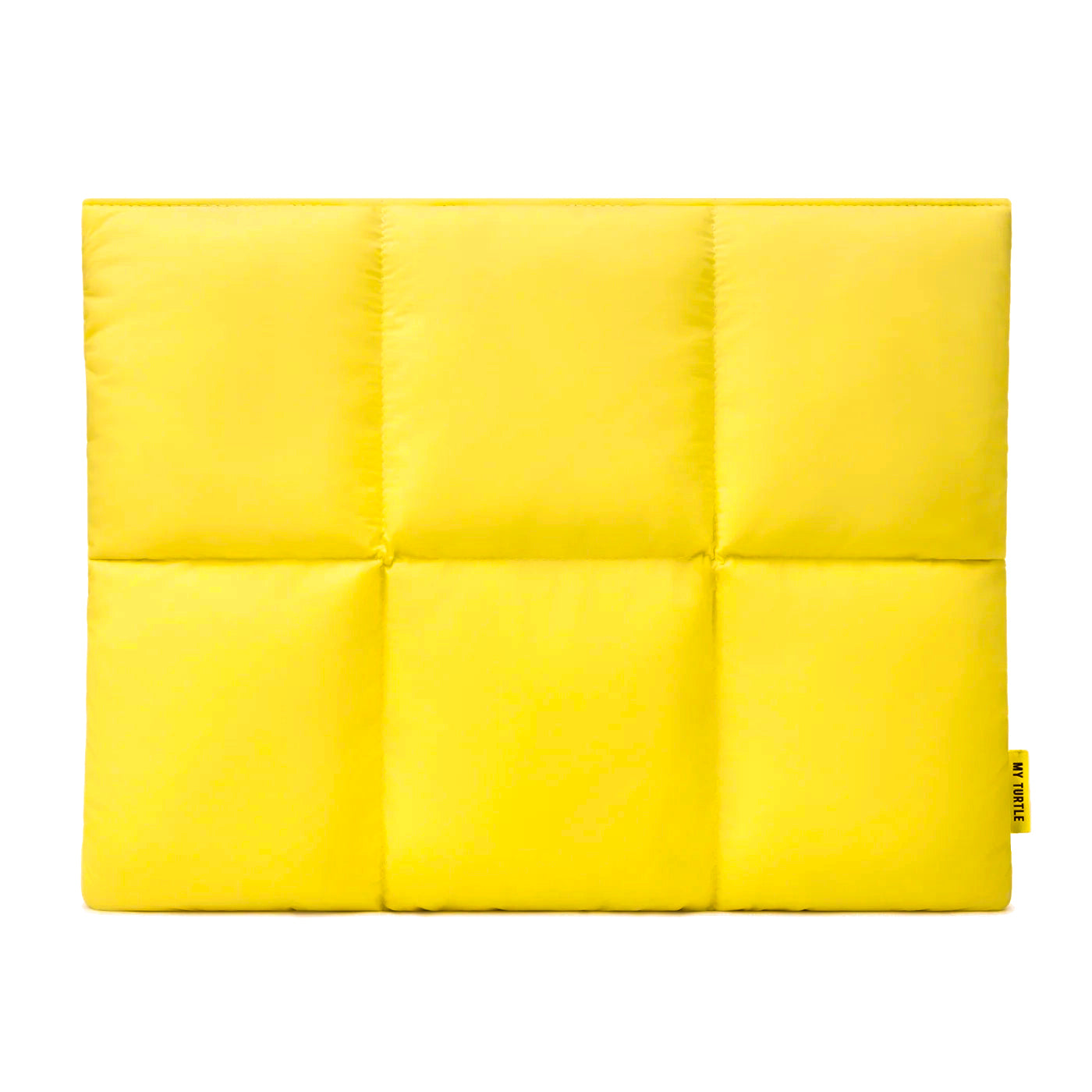 Yellow quilted pouch with a brand tag on a white background