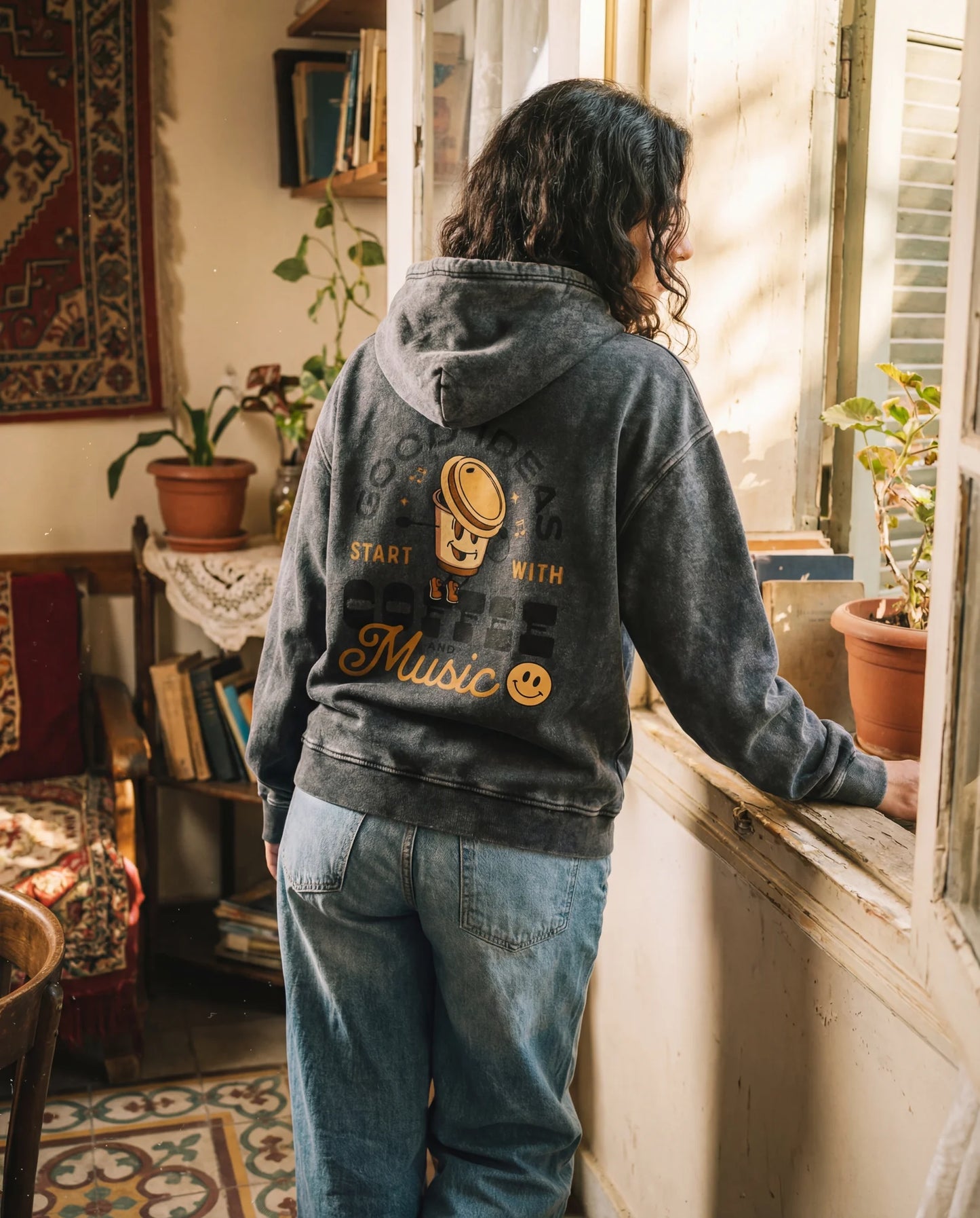 Coffee & Music Hoodie - Washed Hoodie | My Turtle