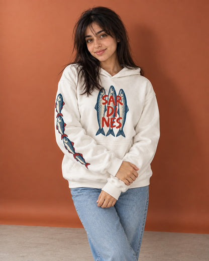 Three Sardines Hoodie - Front Print Model Shot | My Turtle