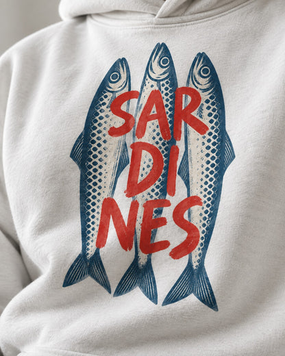 Three Sardines Hoodie - Print close-up · front | My Turtle