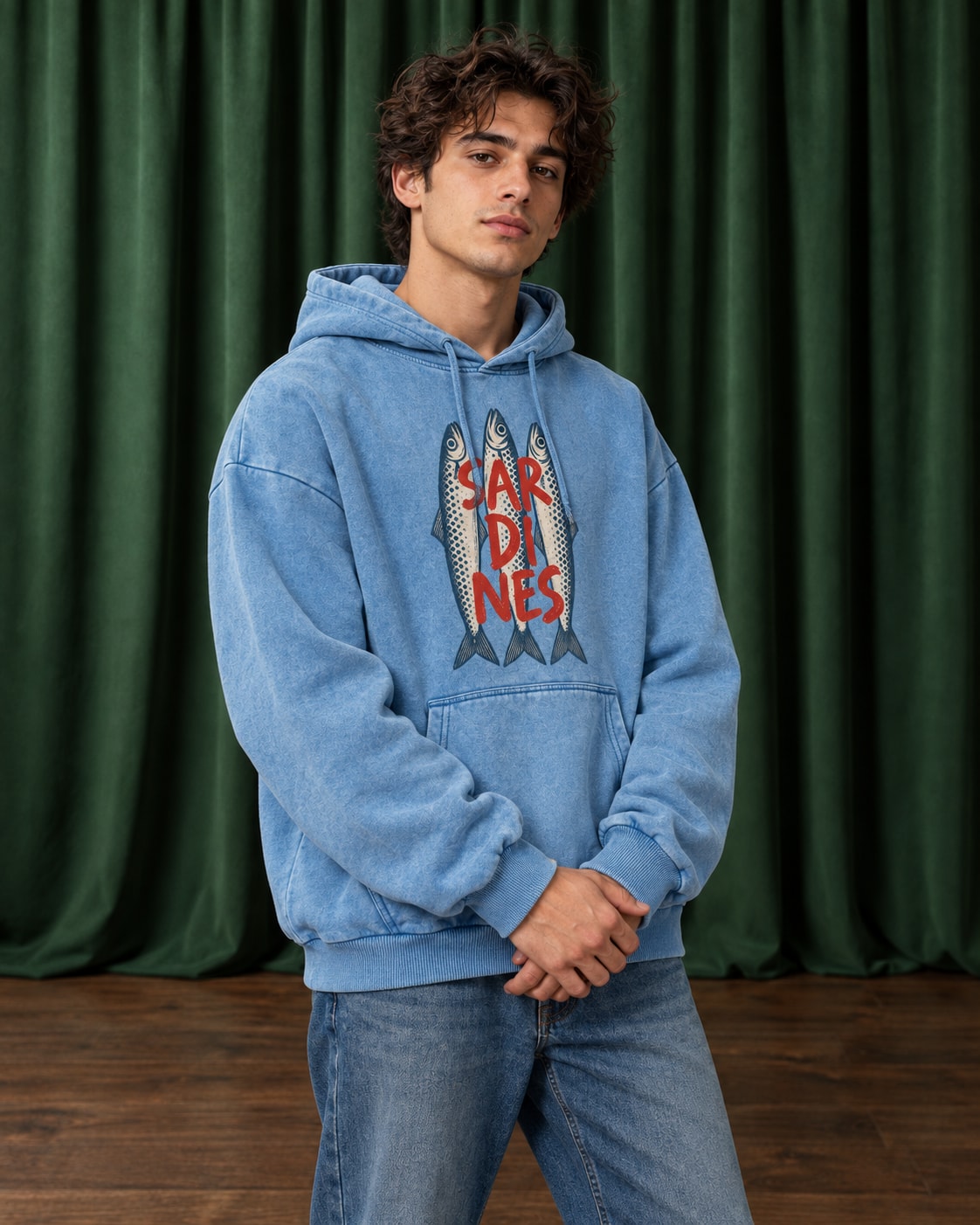 Three Sardines Typography Hoodie - Front Print Model Shot | My Turtle