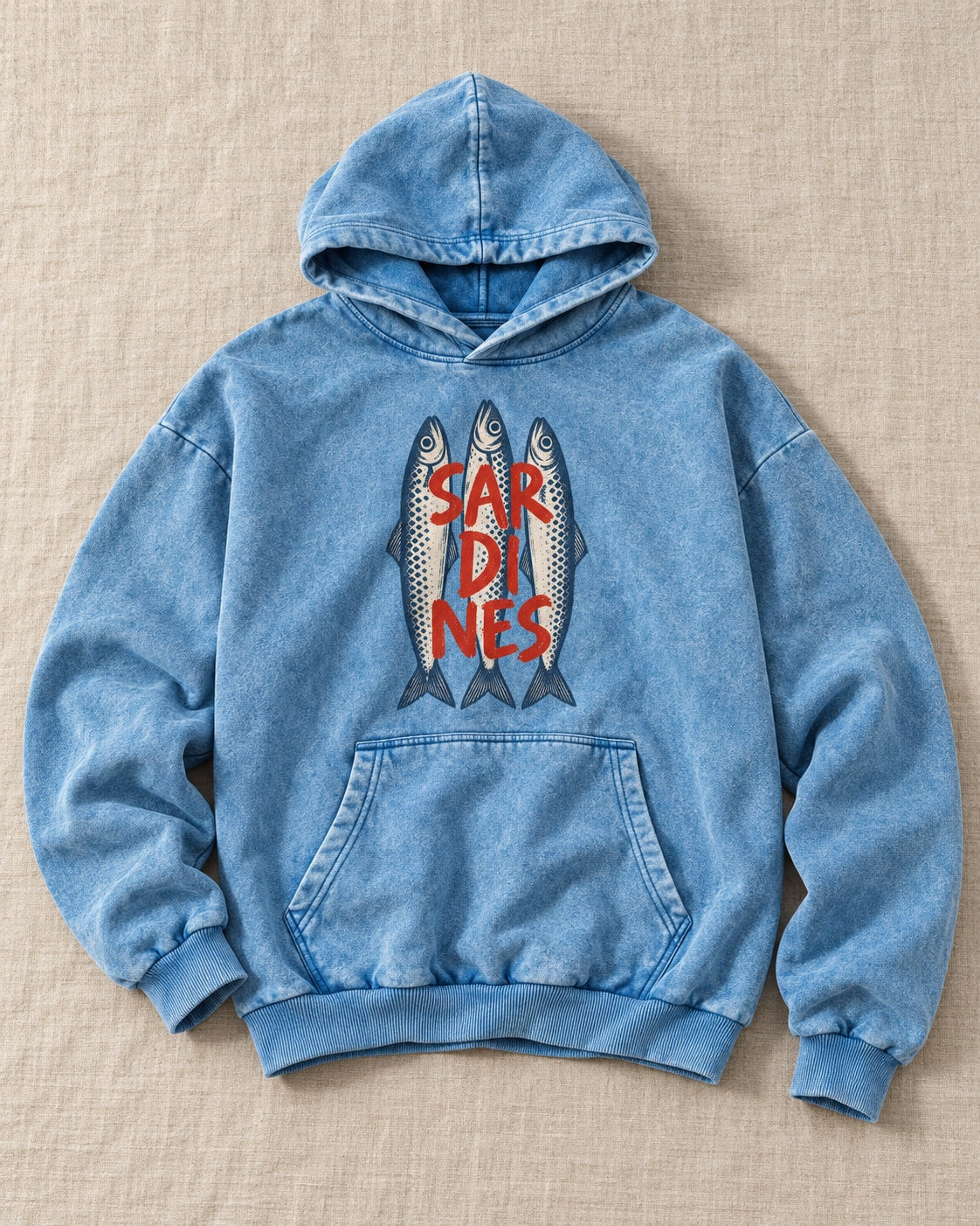 Three Sardines Typography Hoodie - Flat lay · front | My Turtle