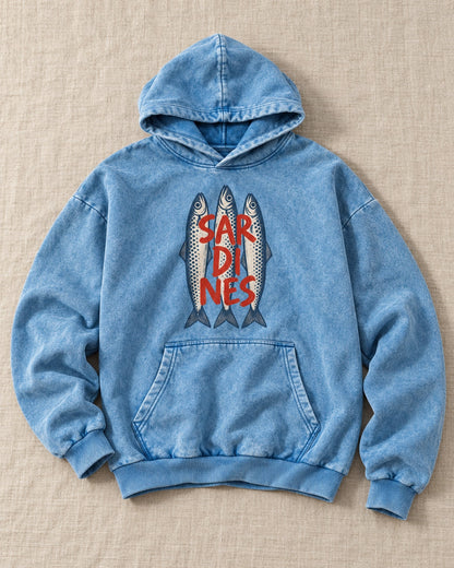 Three Sardines Typography Hoodie - Flat lay · front | My Turtle