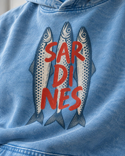 Three Sardines Typography Hoodie - Print close-up · front | My Turtle