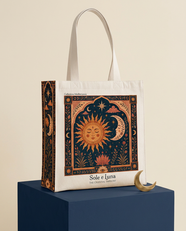 Sole e Luna celestial tote bag on navy cube with brass crescent