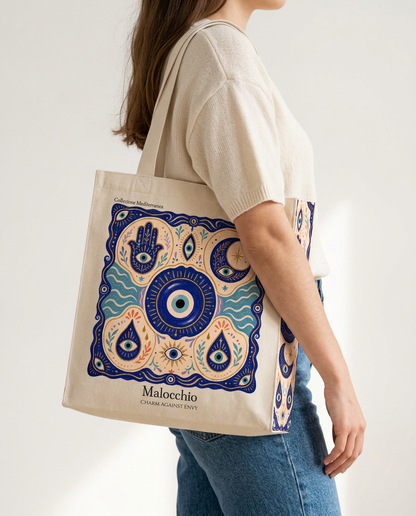 Malocchio evil eye tote bag carried on shoulder