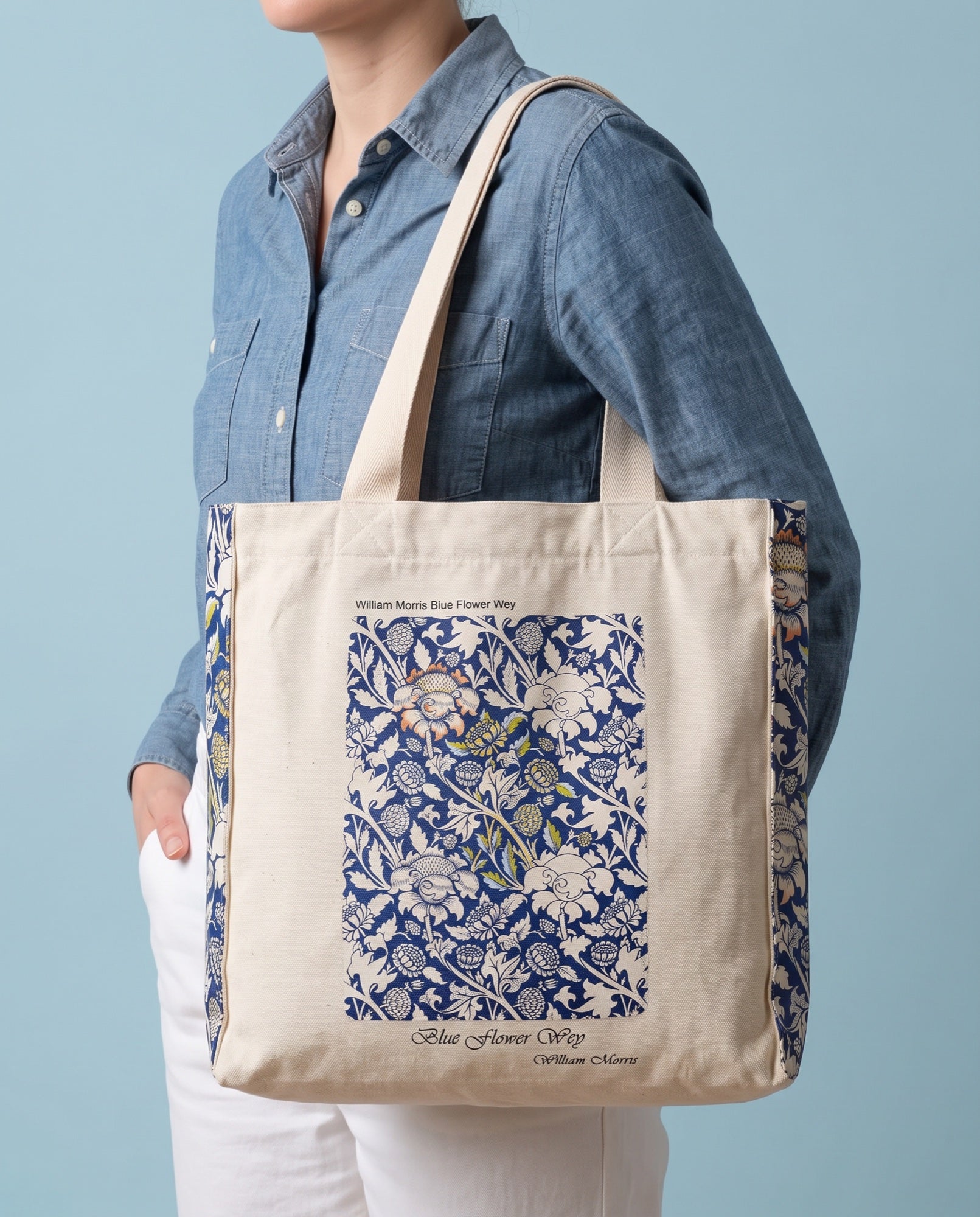 william-morris-blue-flower-wey-tote-bag On body
